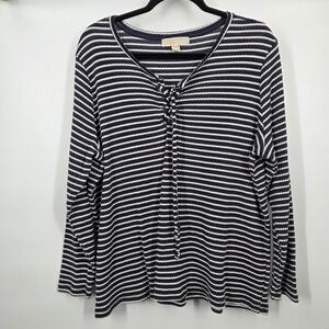 Michael Kors Shirt 3X Blue White Stripe Lace-Up Neck LS Textured Henley Coastal